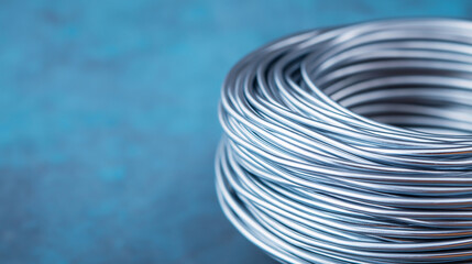 Close up of Shiny Aluminum Wire Coil Metal Wire Roll Industrial Material Texture