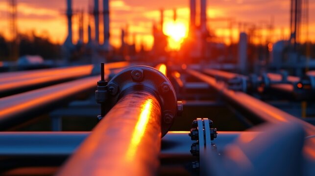 A complex industrial pipeline system transporting crude oil through a modern refinery, with copy space