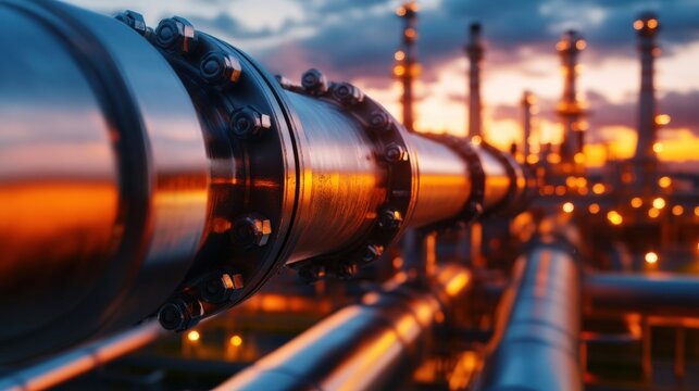 A complex industrial pipeline system transporting crude oil through a modern refinery, with copy space - Powered by Adobe