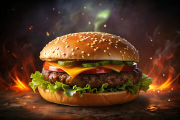 Juicy Cheeseburger with Sesame Bun and Flames