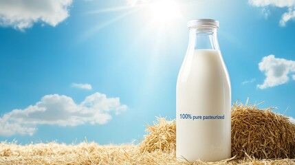 Pasteurized milk pure. A glass bottle of pure pasteurized milk sits on straw under a bright blue sky with fluffy clouds, symbolizing freshness and natural dairy products.
