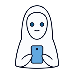 A serene figure in a flowing robe gently holds a smartphone, conveying peace and connection through simple, minimalist line art.