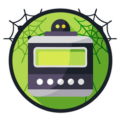 A spooky Halloween robot counting down amidst spiderwebs in a vibrant green circle with flat design.