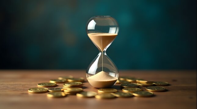 Time is money concept. Hourglass with golden coins on wooden table. Finance, investment, and business growth.