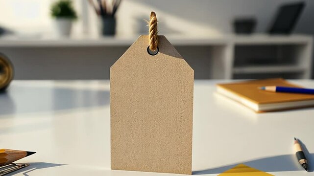 Blank Tag on White Desk with Stationery - Office Mockup, Promotion and Business Concepts