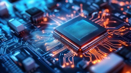 A cybernetic-inspired abstract background featuring floating processors, RAM modules, and interconnected data channels