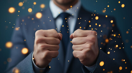 Determined Businessman Clenching Fists Success Concept Golden Sparkles