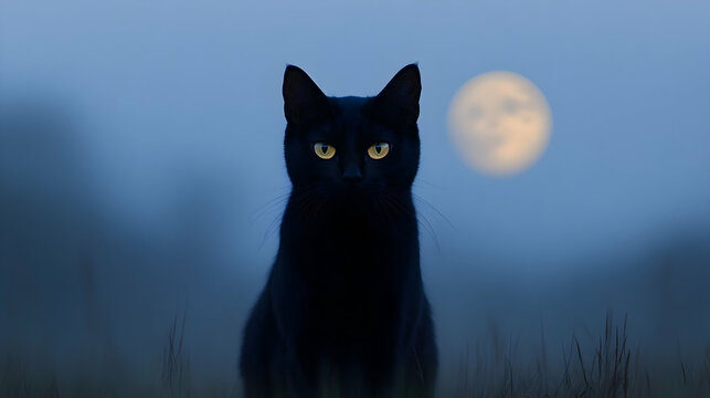 Enigmatic black cat watches silently beneath a full moon, its glowing eyes radiating ancient symbolism of mystery and magical intuition.


