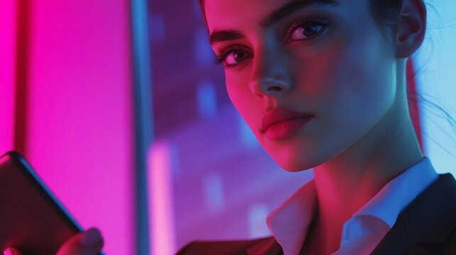 Close up of businesswomen determined eyes holding a digital tablet in a high rise corporate setting colored background