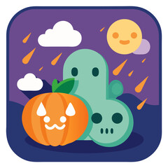 Fototapeta premium A charming jack-o'-lantern and friendly ghost enjoy a whimsical Halloween night under a smiling moon and falling stars with a flat, minimalist design.