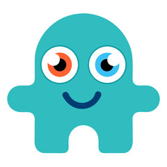 A cheerful teal creature with mismatched eyes, a playful smile, and simple, friendly design, exuding happiness and approachability.