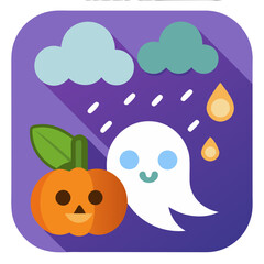 A cheerful ghost and smiling pumpkin enjoying a whimsical rainy Halloween night, depicted in a flat, colorful style with long shadows.