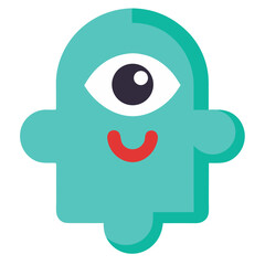 A cheerful, one-eyed teal creature with a playful smile, a friendly puzzle-piece design in a simple, bold style.