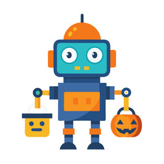 Fototapeta premium A friendly robot joyfully carries Halloween treats, a pumpkin and candy bucket, in a playful, colorful illustration.