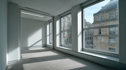 A deserted modern office, sunlight streaming through windows, post-meeting - urban chairs daytime