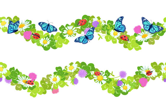 collection of seamless borders with trefoil and four leaf clover leaves,  chamomile flowers, red clover blooms, ladybugs and butterflies