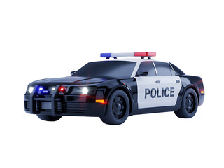 A sleek, black and white police car with flashing lights, ready for action.
