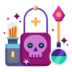 A mystical skull-shaped potion bag, a shaving brush, and a magical wand, brimming with enchanting charm and vibrant colors.