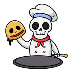A whimsical skeleton chef proudly presents a melting pancake, a charmingly spooky culinary creation with bold outlines and bright colors.