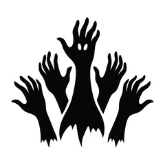 Desperate hands clawing from the shadows, a chilling monochrome silhouette, stark against a white background.