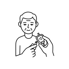 Medical Precision: Elderly individual monitors glucose levels using a blood glucose meter, exemplifying self-care and health awareness.
