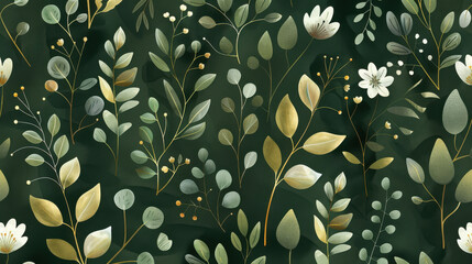 beautiful floral pattern featuring various leaves and flowers in shades of green, gold, and white, creating serene and elegant atmosphere