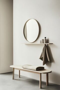 Modern entryway design with bench, round mirror, and neatly arranged essentials for a welcoming atmosphere
