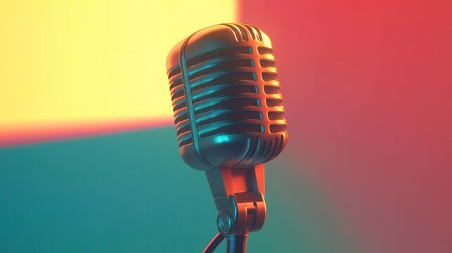 Retro microphone on colorful background.