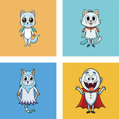 Cute Cartoon Halloween Characters Collection Featuring Cat Dragon Vampire And Ghost