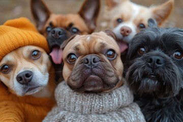 Obraz premium Group of cheerful dogs wearing sweaters and hats enjoying a playful moment outdoors in fall