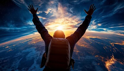 A lone figure, an athlete perhaps, reaches for the heavens, an embodiment of human aspiration and the boundless pursuit of progress He is framed against the breathtaking vista of Earth, a swirling