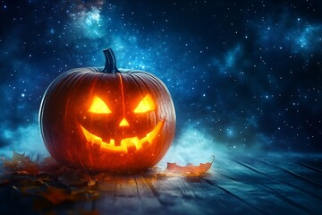 Ethereal Halloween pumpkin illuminated by moonlight against a starry sky backdrop.