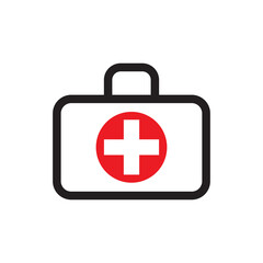 Obraz premium First aid kit bag icon with plus sign. Medical aid sign, health cross medical symbol, medicine emergency illustration icon