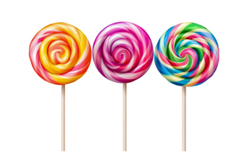 Colorful spiral lollipops candy sweet treat confectionery on sticks dessert food photography art isolated on a transparent background.