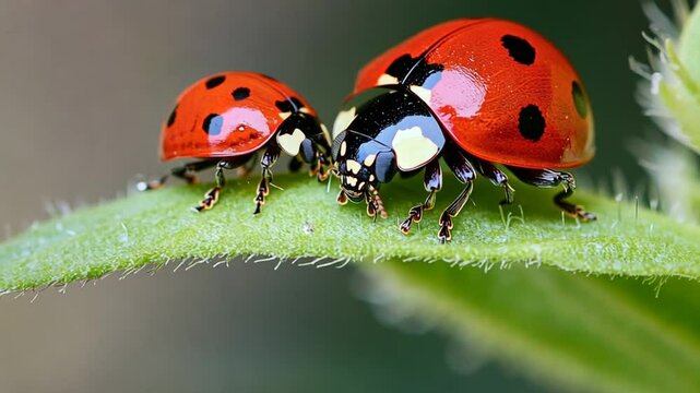 Close-up of two ladybugs on a green leaf, showcasing their vibrant colors and natural habitat