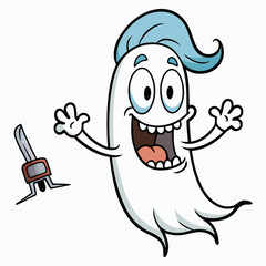A jubilant, friendly ghost with a stylish blue hairdo joyfully greets you, a dropped sawblade adding a touch of whimsy to the cartoon illustration.
