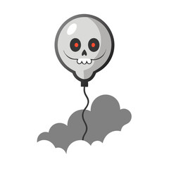 A mischievous skull-shaped balloon floats playfully above a fluffy cloud, a whimsical Halloween treat in simple grayscale design.