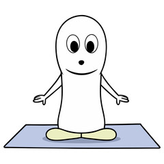 A serene, minimalist character finds inner peace through mindful meditation on a simple yoga mat in a lighthearted, hand-drawn style.