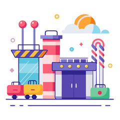 Naklejka premium A whimsical airport adventure awaits with colorful buildings, luggage carts, and a giant candy cane under a sunny sky, depicted in a vibrant, playful style.
