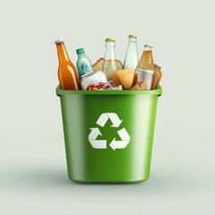 Recyclable waste bin filled with various food and beverage containers