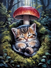 cat and mushrooms