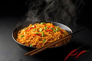 Delicious spicy chowmein served hot on a plate with a fiery background, showcasing bold flavors and vibrant presentation—perfect for food advertising and menu designs.