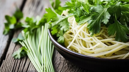 Steaming spaghetti with fresh herbs on a rustic table - a simple, hearty meal evoking comfort and warmth
