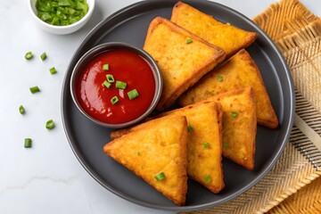 Bread Pakoda, a famous Indian street food, served hot on a plate with chutney and tamarind sauce in a bowl. This deep-fried snack is made with bread slices filled with spiced potato stuffing and