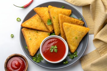 Bread Pakoda, a famous Indian street food, served hot on a plate with chutney and tamarind sauce in a bowl. This deep-fried snack is made with bread slices filled with spiced potato stuffing and