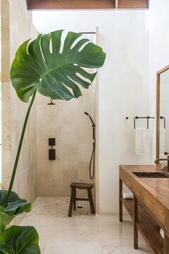 Minimalist tropical bathroom featuring a rain shower and wooden vanity with natural stone tiles