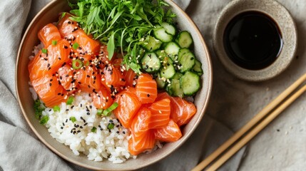 Fresh salmon bowl with rice, vibrant greens, and pickled cucumbers, served with soy sauce and chopsticks. A healthy and colorful meal