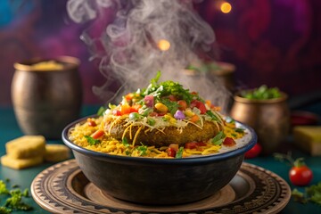 Aromatic and colorful Indian aloo tikki chaat served steaming hot in a decorative bowl, topped with sev, yogurt, chopped onions, tomatoes, and coriander. The background includes traditional props