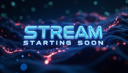 Stream Starting Soon: A neon "STREAM STARTING SOON" text effect with a digital, abstract background. The vibrant neon sign is reminiscent of a cyberpunk aesthetic.