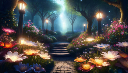 Obraz premium the magical and enchanting mystic garden with radiant flowers and glowing lights creating a mysterious dark atmosphere